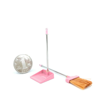 Miniature Broom and Trash Shovel Dollhouse Kitchen pink set