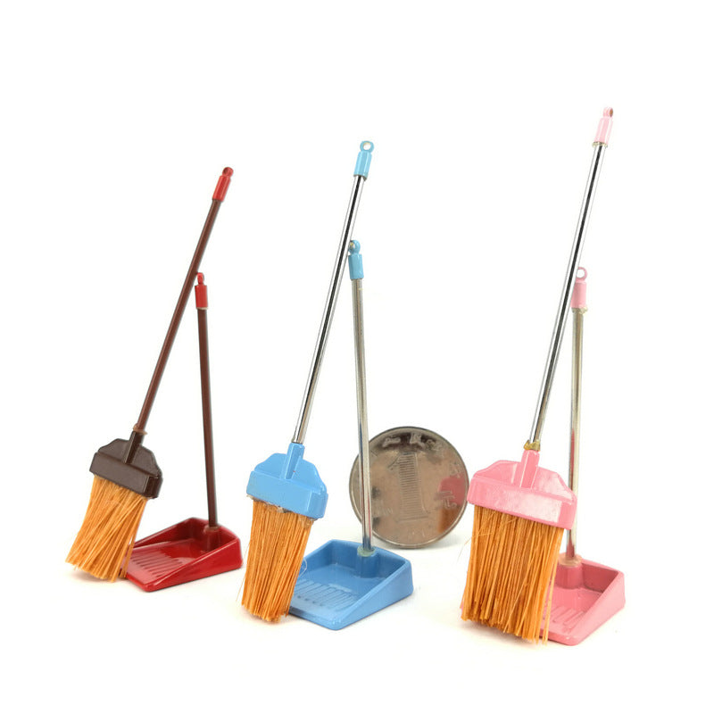Miniature Broom and Trash Shovel Dollhouse Kitchen red, blue and pink sets