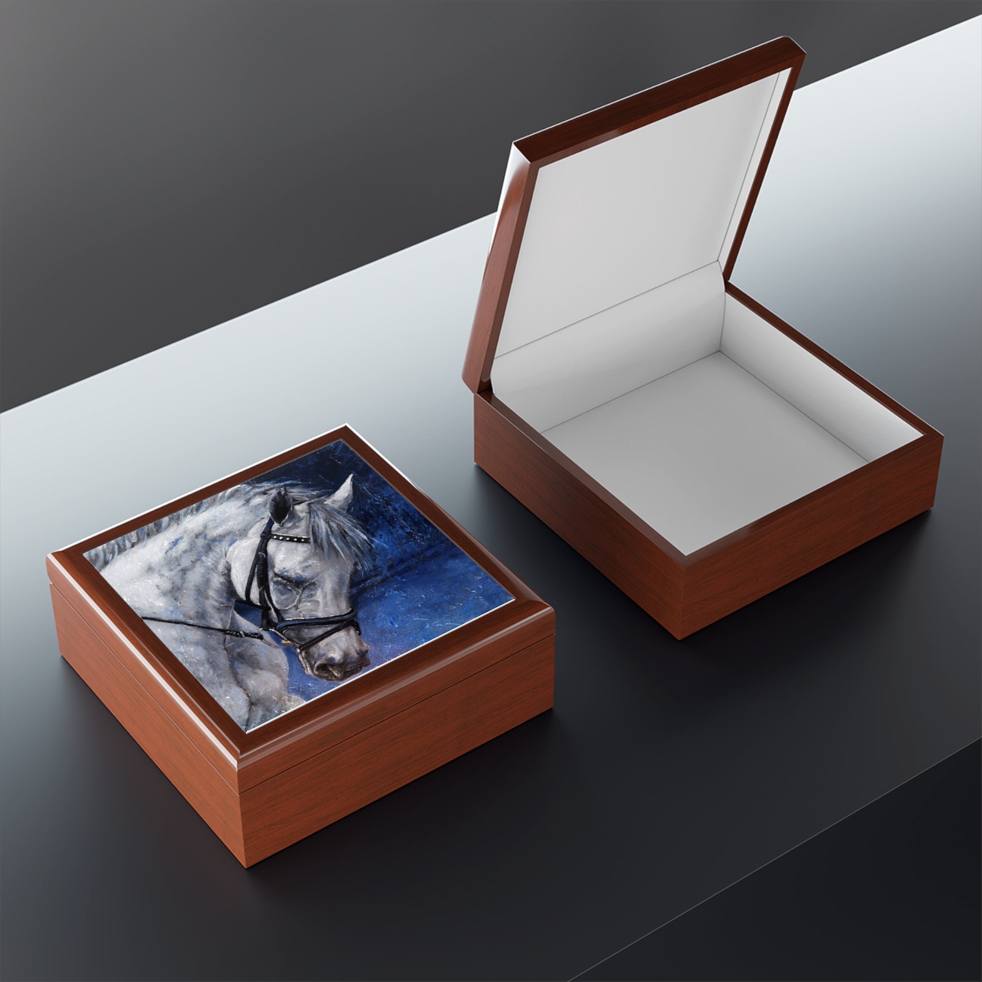 Jewelry Box - Keepsake Box with Grey Horse cover open