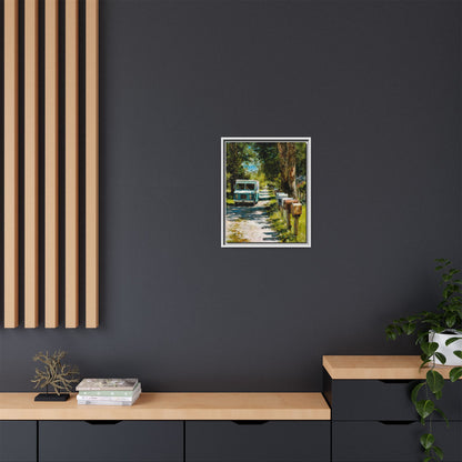 Framed Matte Canvas Print — Vintage Mail Truck on Country Road Wall Art