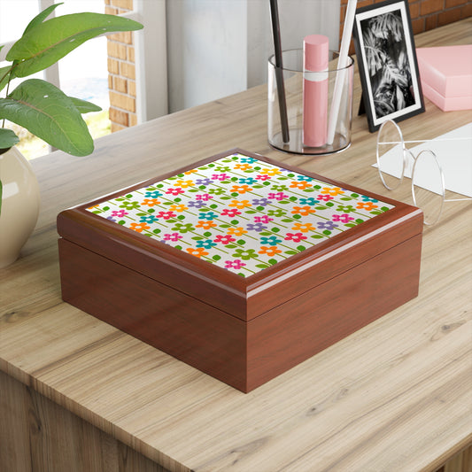 Jewelry Box/ Keepsake Box Colorful Flowers - Lacquer Box golden oak