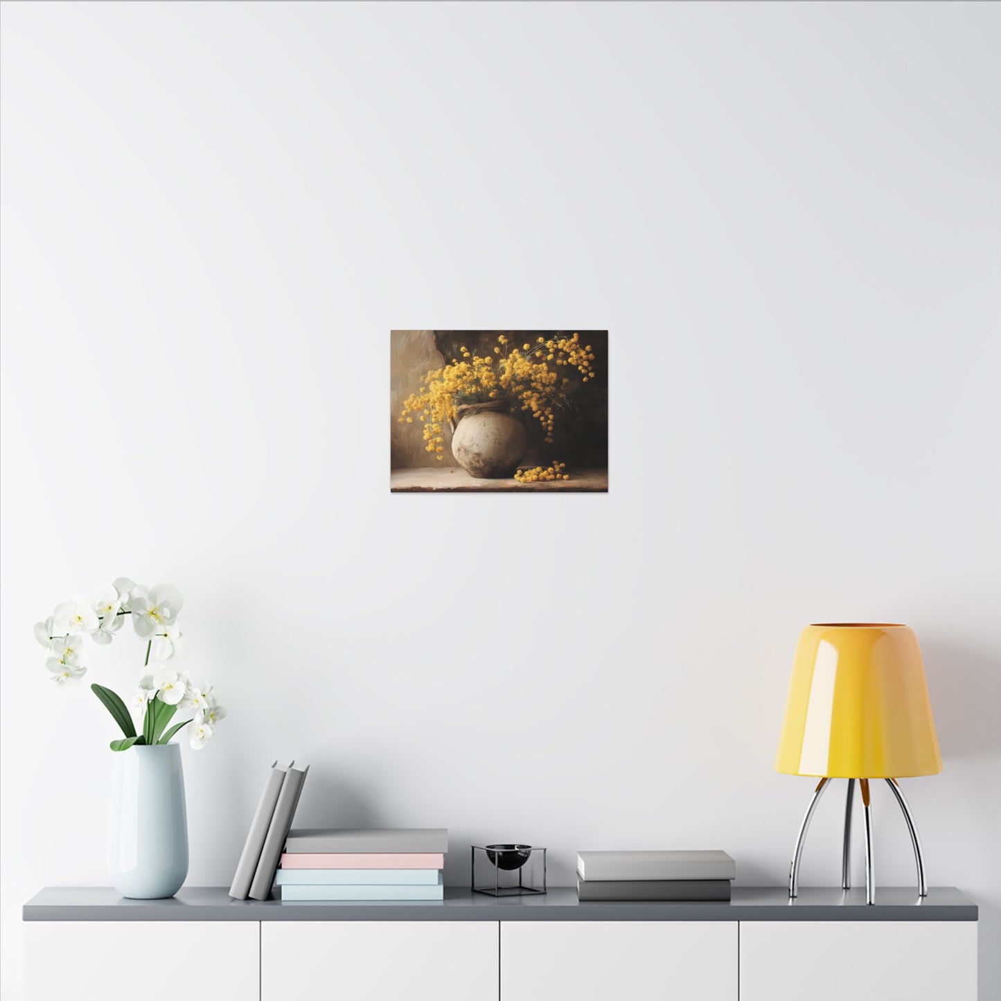 Mimosa Still Life Canvas Print — Rustic Vase Wall Art