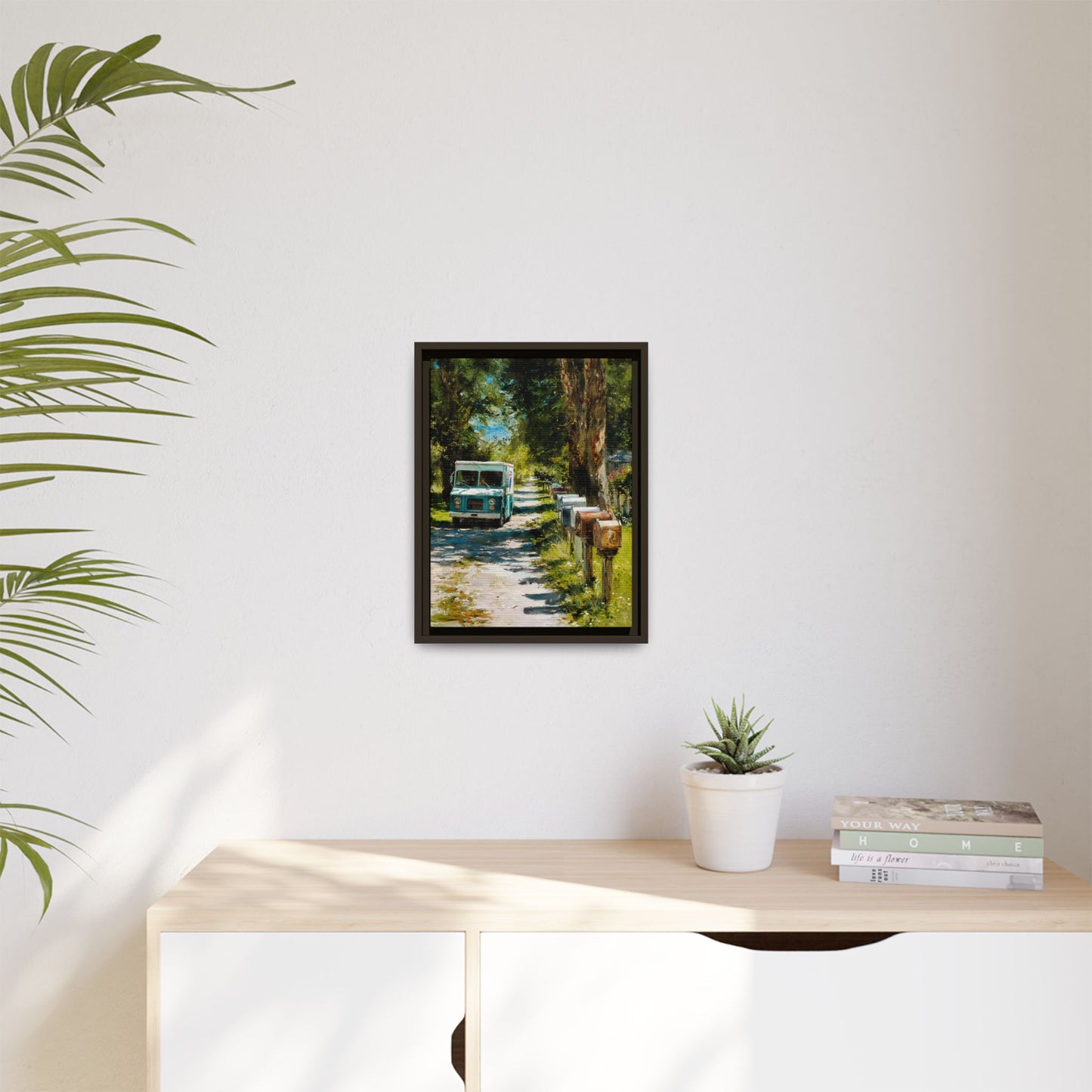 Framed Matte Canvas Print — Vintage Mail Truck on Country Road Wall Art