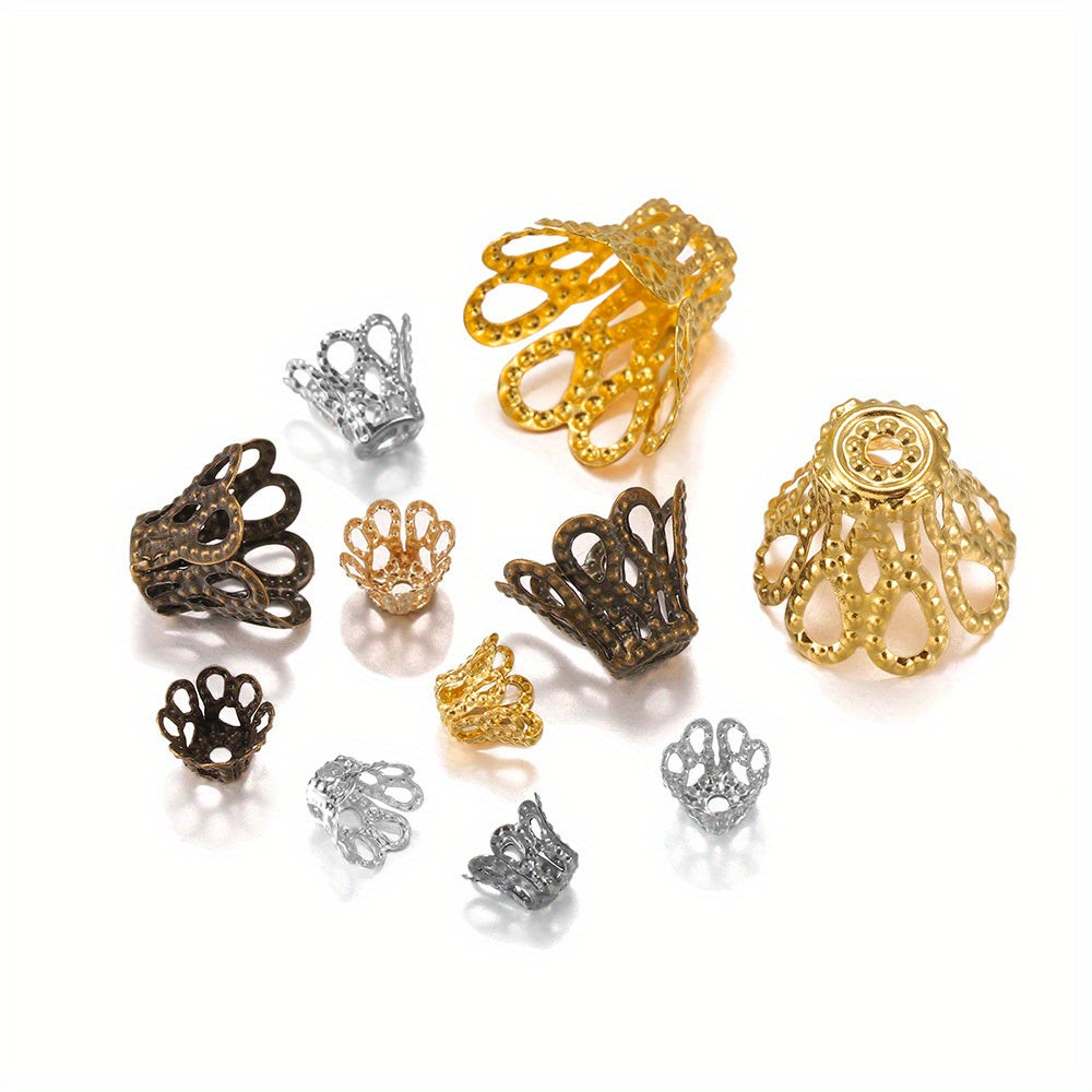 Add some charm to your miniatures with these Wine Glass Hollow Flower Horn Bead Holder End Cap Beads. With 100 pieces in each pack, you can add delicate details in silver and golden metal. Your creations will stand out in style! (Who knew tiny things could be so posh?) in various sizes