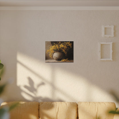 Mimosa Still Life Canvas Print — Rustic Vase Wall Art