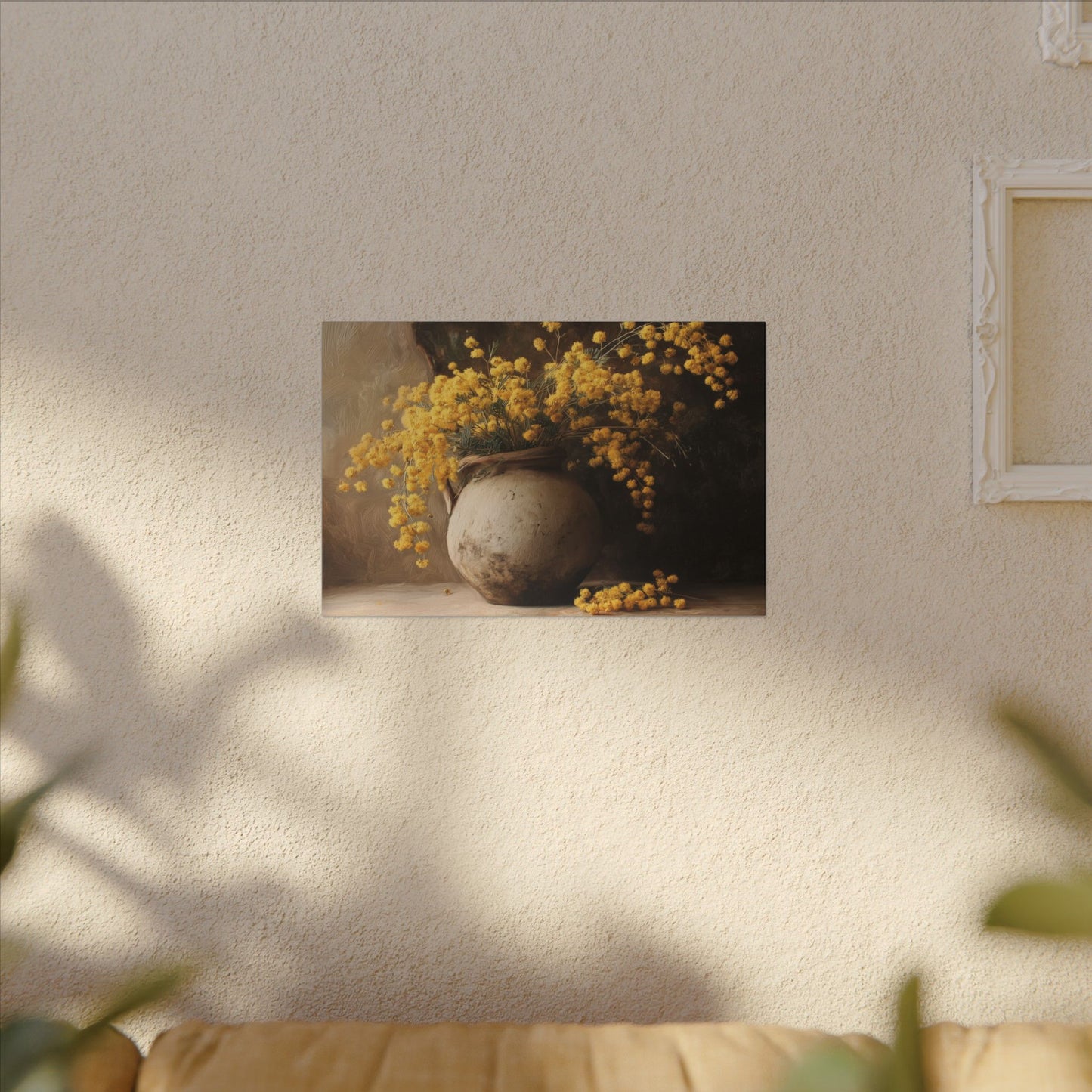 Mimosa Still Life Canvas Print — Rustic Vase Wall Art