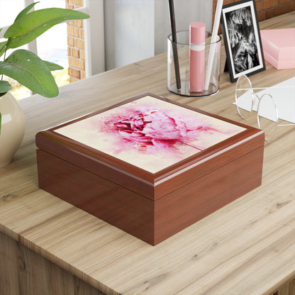 Jewelry Box - Pink Peony Keepsake Box  golden oak