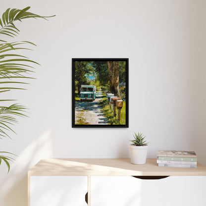 Framed Matte Canvas Print — Vintage Mail Truck on Country Road Wall Art