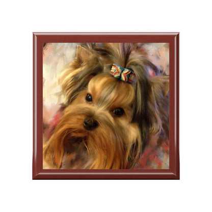 Boîte à bijoux/souvenir - Yorkshire Terrier avec nœud - Boîte en laque 7x7x3in
