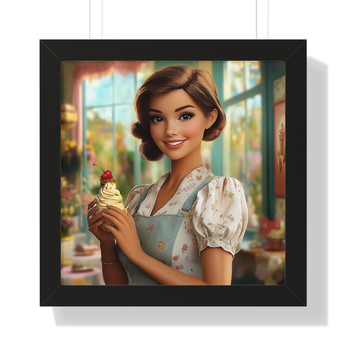 Framed Vertical Poster - Ice Cream Parlor Gal 16x16in black frame