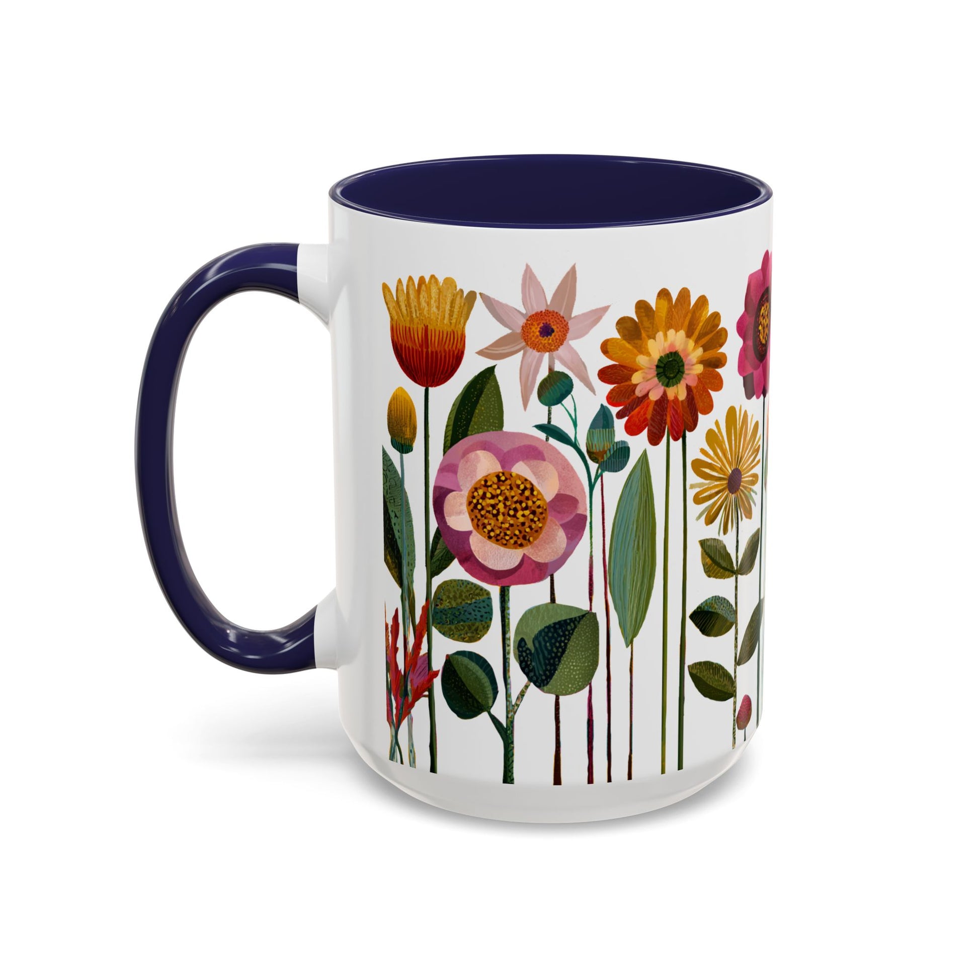 15 oz Navy Blue Mug with floral design and navy handle on a white background