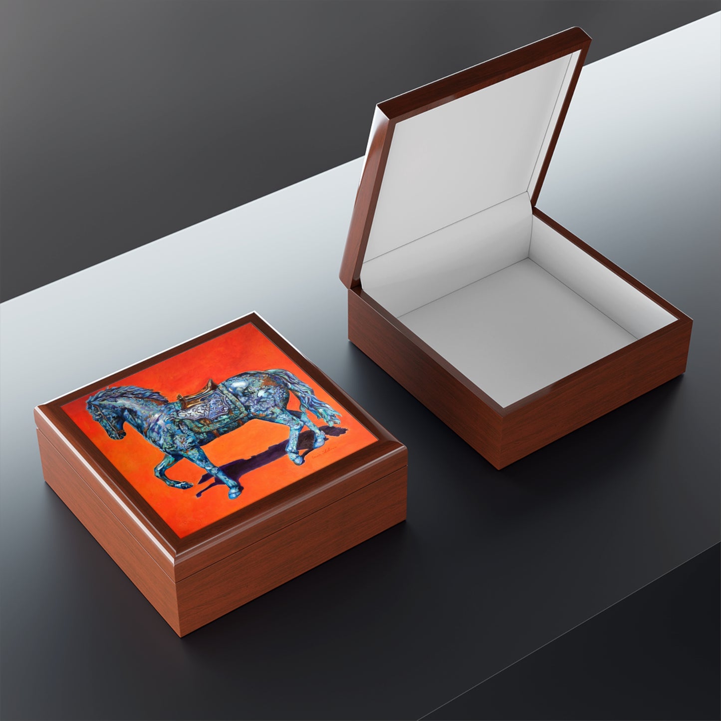 Keepsake/Jewelry Box - Indigo Horse - Wood Lacquer Box open lid