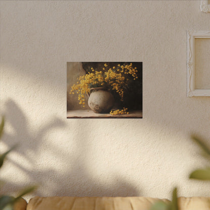 Mimosa Still Life Canvas Print — Rustic Vase Wall Art