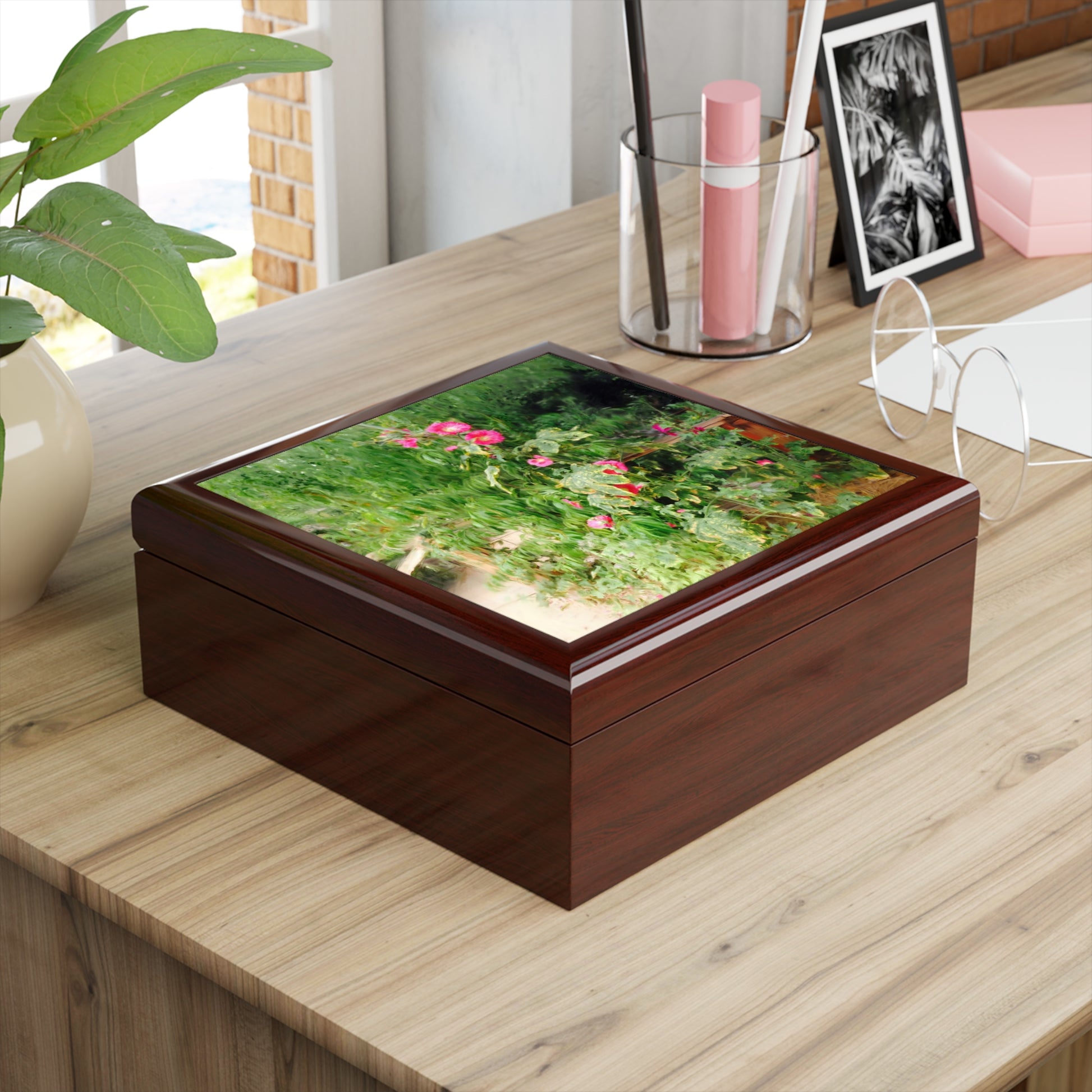Keepsake/Jewelry Box - Hollyhock Florals - Wood Lacquer Box  mahogany box