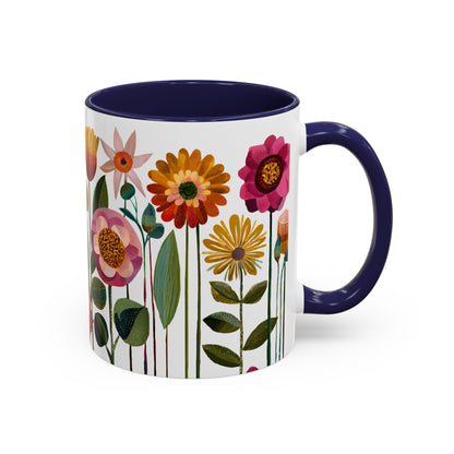 Navy colored Mug with floral design and navy colored handle on a white background