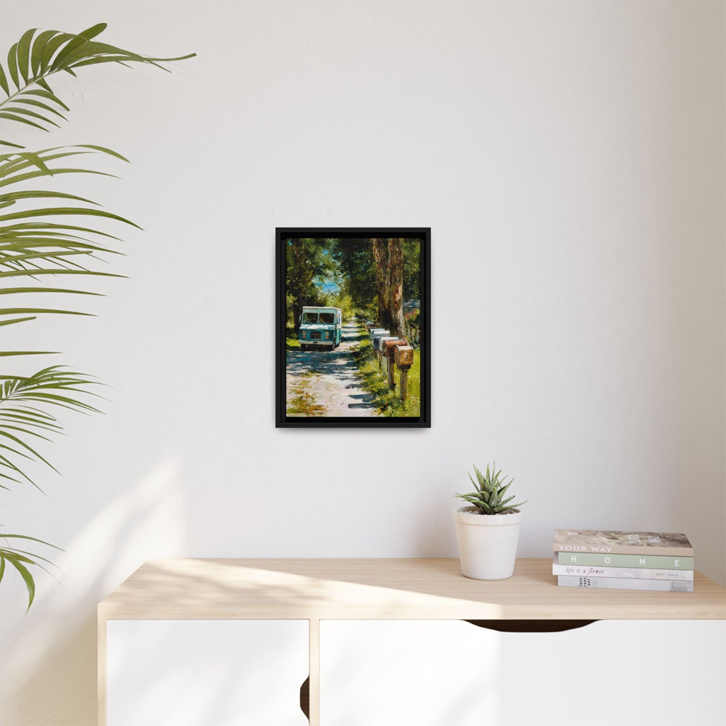 Framed Matte Canvas Print — Vintage Mail Truck on Country Road Wall Art