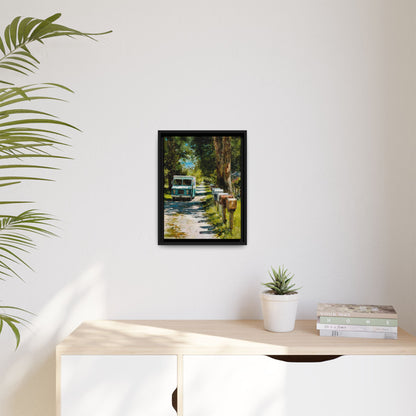 Framed Matte Canvas Print — Vintage Mail Truck on Country Road Wall Art