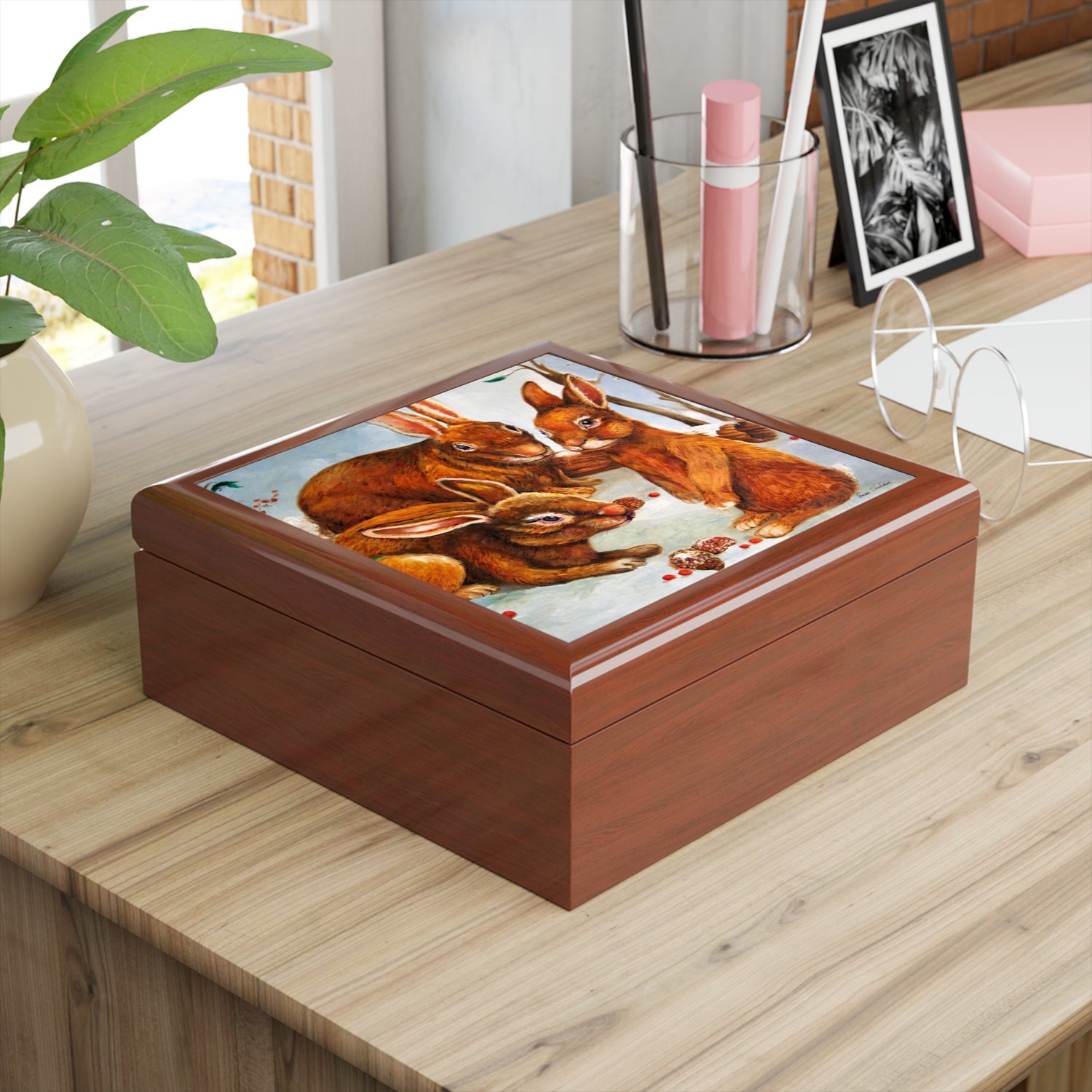 Jewelry Box - Rabbits in Snow Lacquered Keepsake Box golden oak