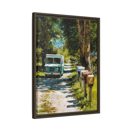 Framed Matte Canvas Print — Vintage Mail Truck on Country Road Wall Art