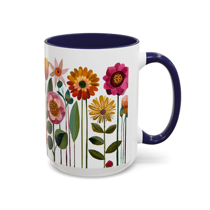15 oz Navy colored Mug with floral design and navy handle on a white background