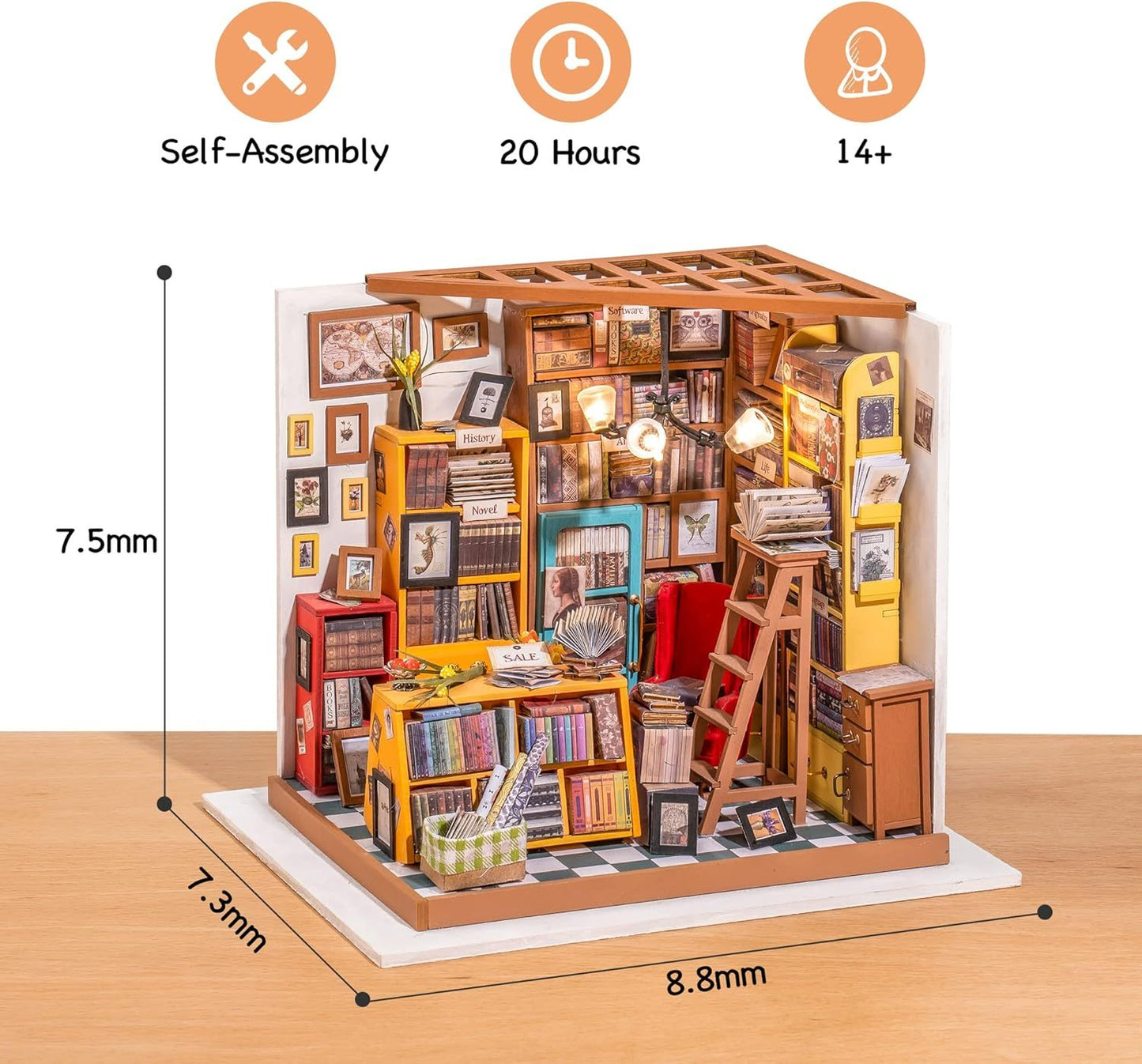 Miniature bookshelf model with dimensions and assembly details on a white background 1.24 scale miniature size