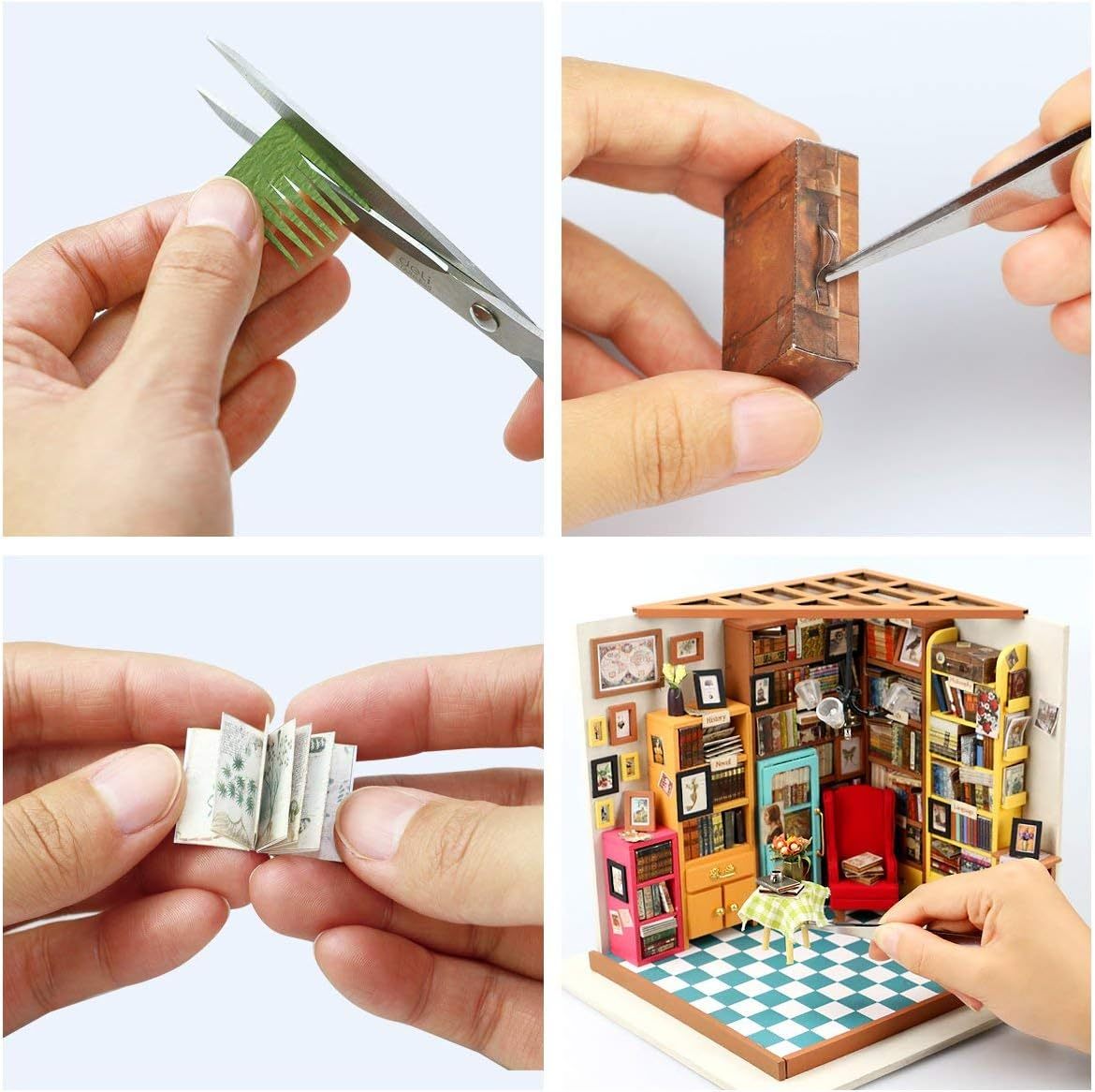 Collage of a miniature book being transformed into a detailed model of a room with furniture and decor. 1.24 scale miniature size