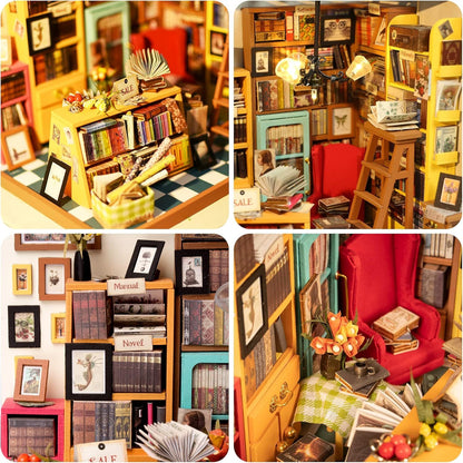 Collage of a miniature bookshelf and reading nook with books and furniture. 1.24 scale miniature size