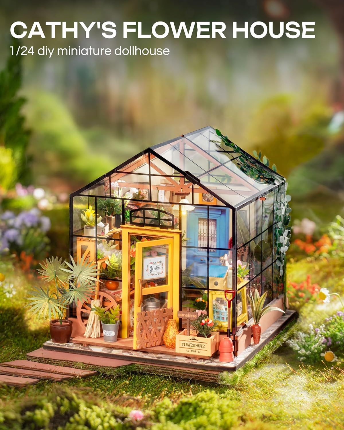 Miniature dollhouse labeled 'Cathy's Flower House' with a garden setting. 1.24 scale miniature size