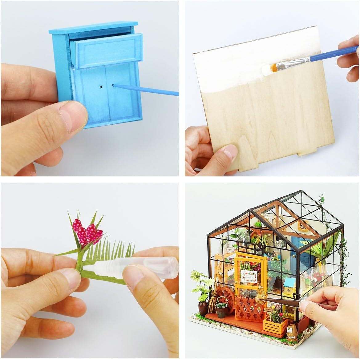 Collage of a miniature DIY house kit being assembled with tools and materials. 1.24 scale miniature size
