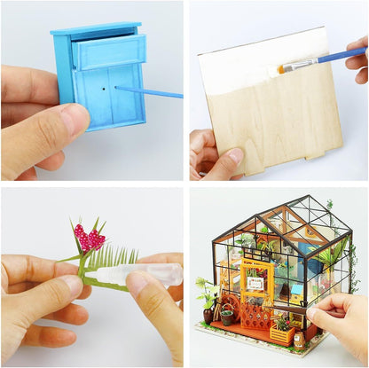 Collage of a miniature DIY house kit being assembled with tools and materials. 1.24 scale miniature size