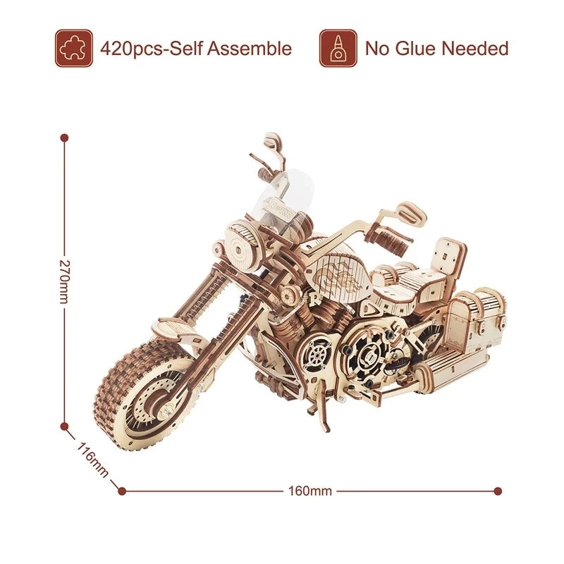 Wooden motorcycle model puzzle with assembly instructions and dimensions on a white background Robotime Rokr Cruiser Motorcycle DIY Wooden Model 420 Pcs Building Wooden Kit
