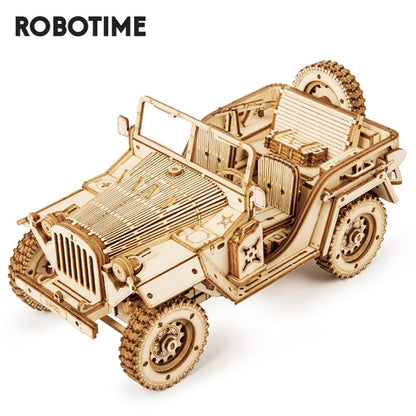Wooden model of a jeep with 'Robotime' branding on a white background 3D Wooden Puzzle Model Toys Car Kit MC701