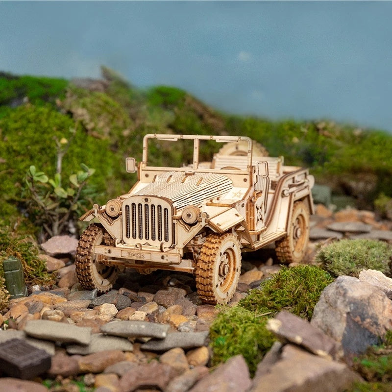 Model of a vintage military jeep on a rocky terrain with greenery 3D Wooden Puzzle Model Toys Car Kit MC701