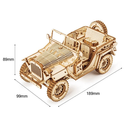 Wooden model of a jeep with dimensions indicated on a white background