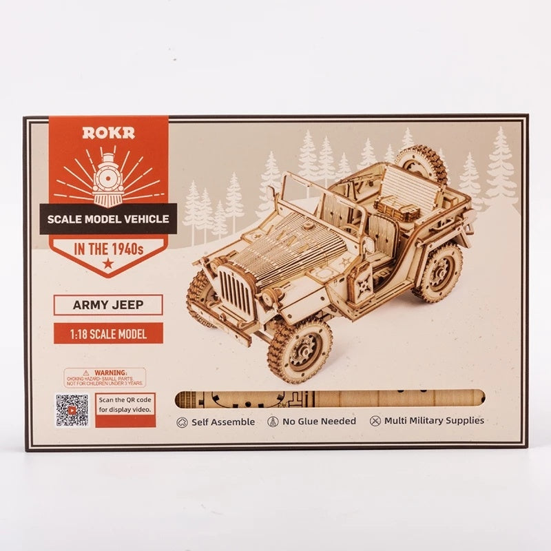 Boxed ROKR scale model vehicle of an army jeep on a white background 3D Wooden Puzzle Model Toys Car Kit MC701