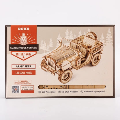Boxed ROKR scale model vehicle of an army jeep on a white background 3D Wooden Puzzle Model Toys Car Kit MC701