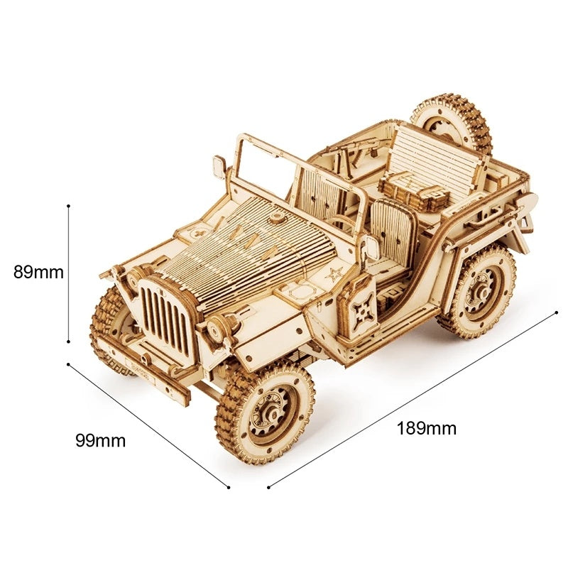 Wooden model of a jeep with dimensions indicated on a white background 3D Wooden Puzzle Model Toys Car Kit MC701