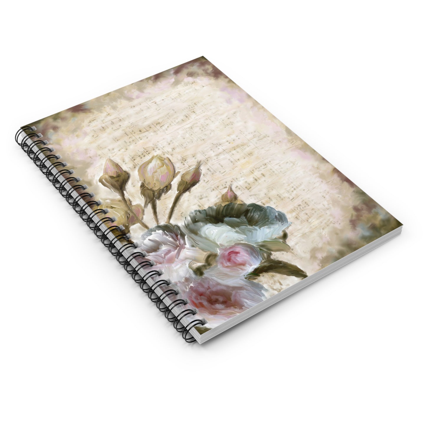 Vintage Floral Spiral Notebook — Ruled Journal with Soft Rose & Sheet Music Design