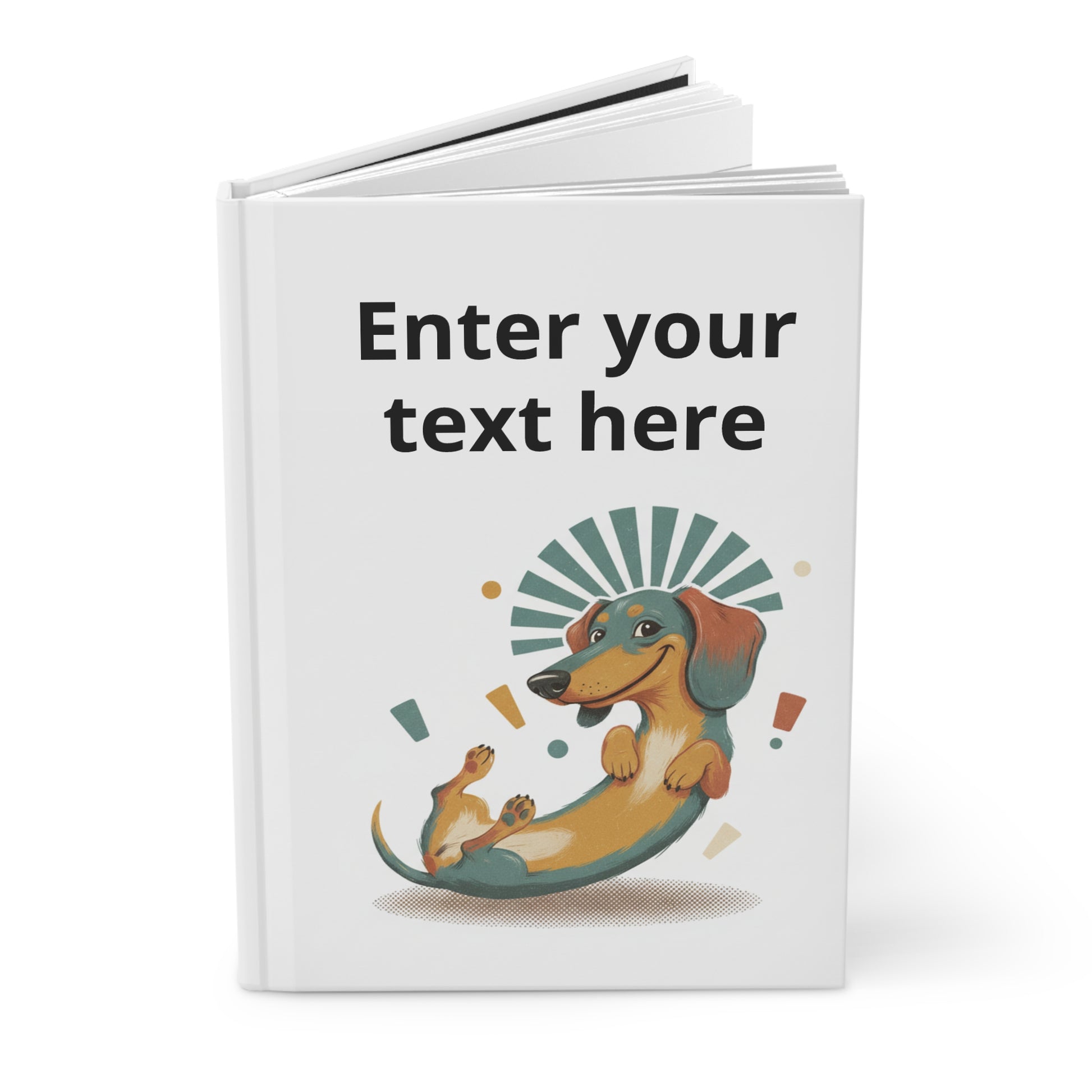 Notebook with a cartoon dog illustration and text placeholder on a white background