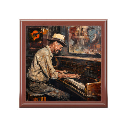 Jewelry Box - Keepsake Box - Honky Tonk Piano Player golden oak front