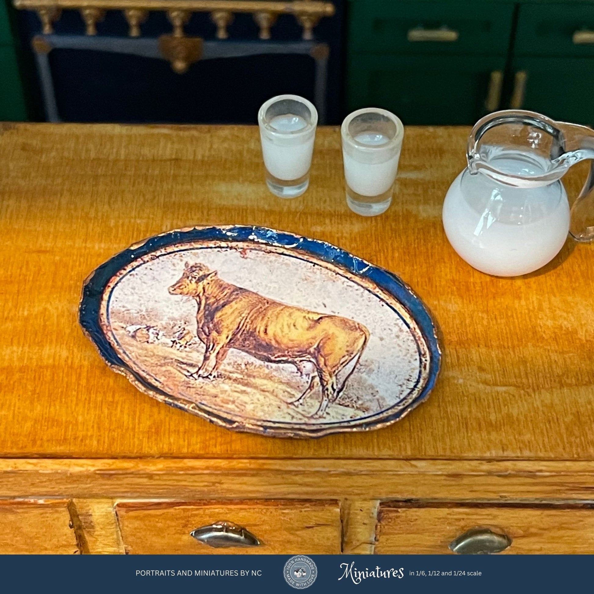 light brown cow vintage tray on kitchen island