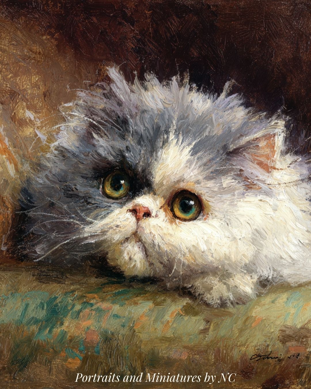 Artistic oil painting of a fluffy cat with green eyes on a textured surface by Portraits by NC