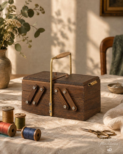 A dark brown 1/6 scale wooden sewing box with a brass handle and metal clasps, styled on a tablecloth with thread spools, scissors, and dried flowers in a warm, rustic setting.