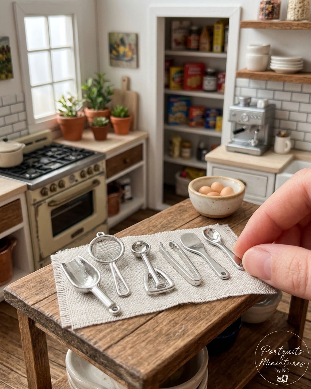 A miniature silver kitchen utensil set, including spoons, a whisk, and a strainer, displayed on a tiny fabric napkin on a dollhouse table. A miniature hand is holding the utensils, with a detailed dollhouse kitchen background.