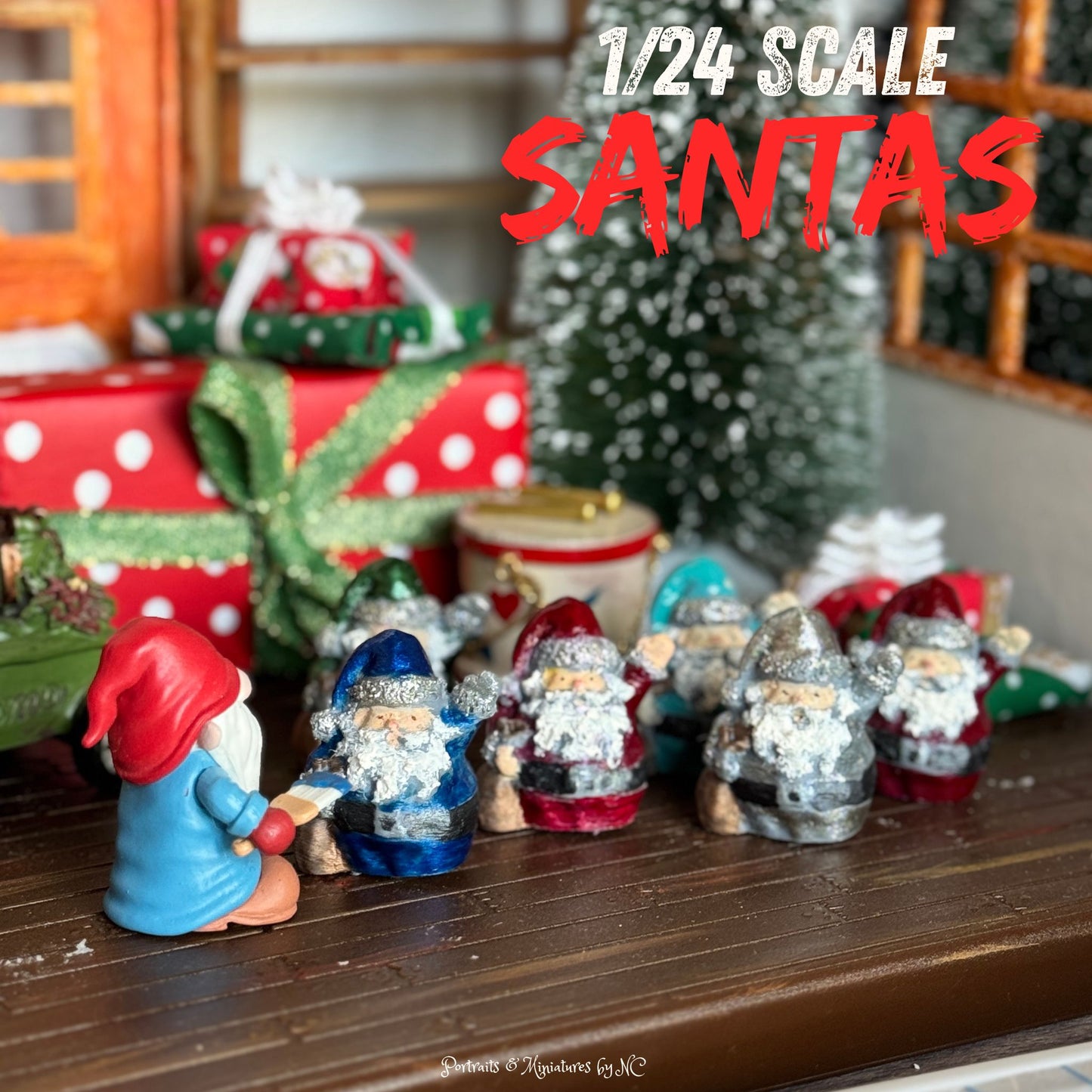 1/24 scale Santa figurines on a wooden surface with Christmas decorations in the background.