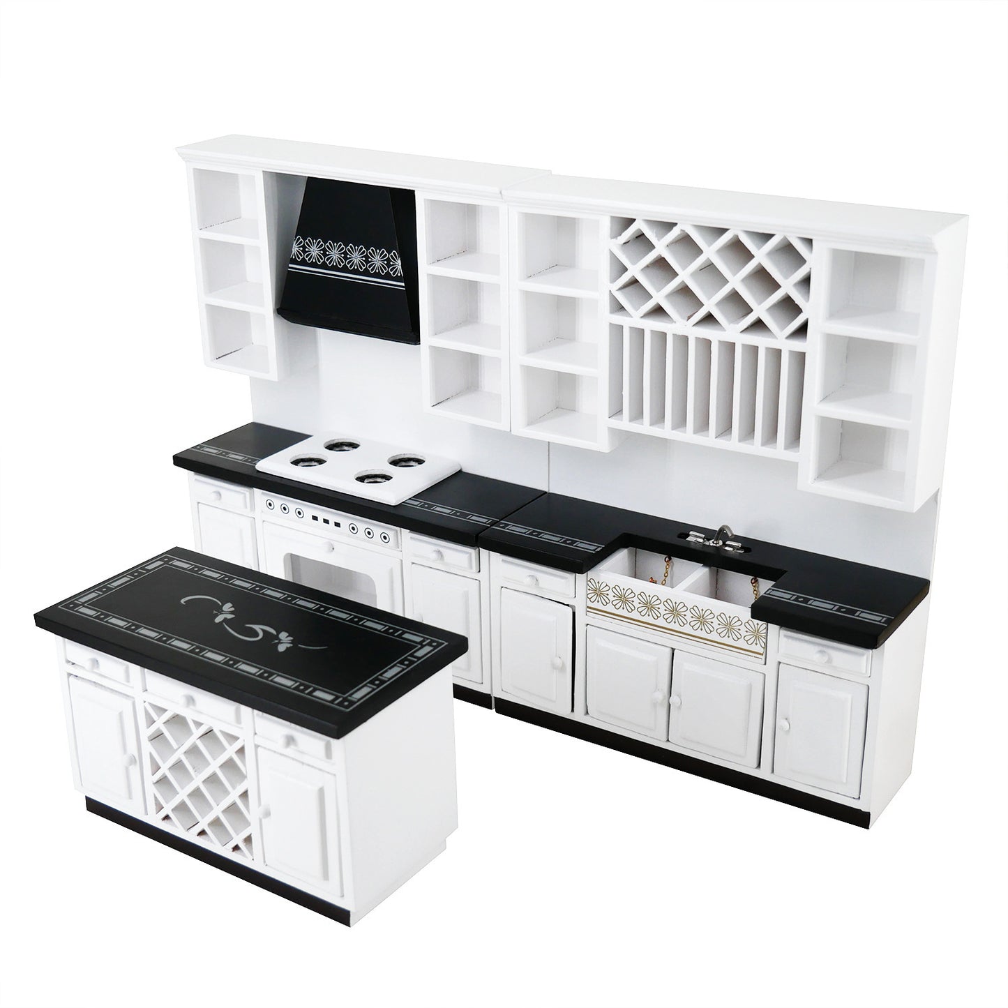 White kitchen island with black countertops and wine rack design on a white background