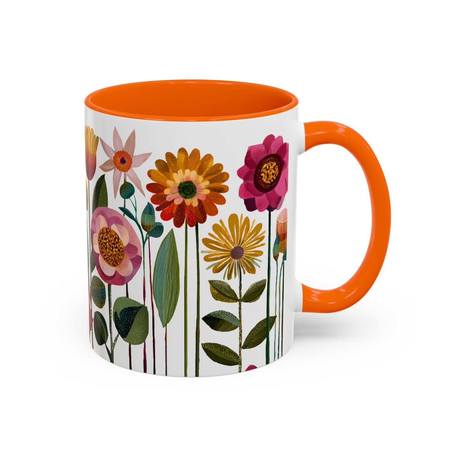 Mug with floral design and orange handle and interior on a white background right side