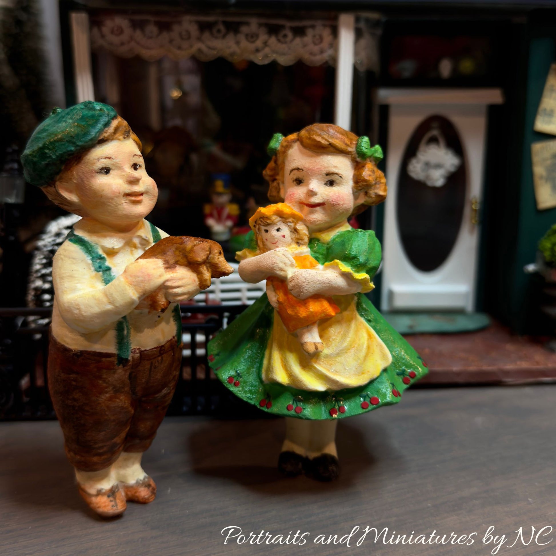 Miniature Dollhouse/Diorama Figurines - Girl and Boy with Dog Set