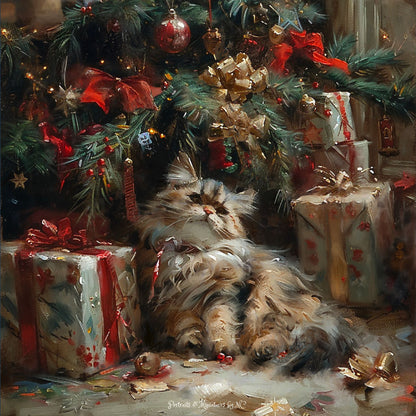 Painting of a Persian Cat under a Christmas Tree