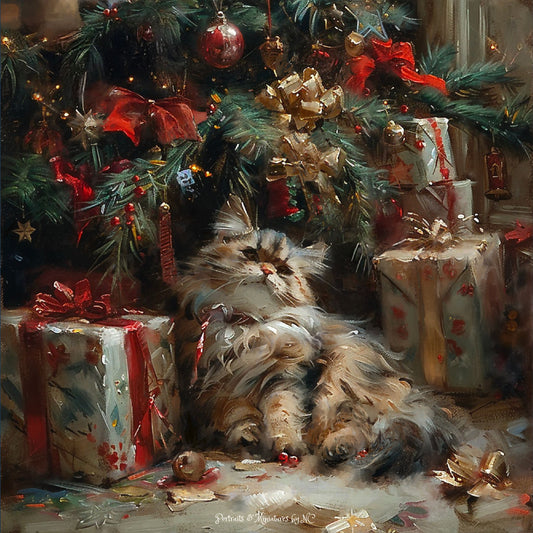 Painting of a Persian Cat under a Christmas Tree